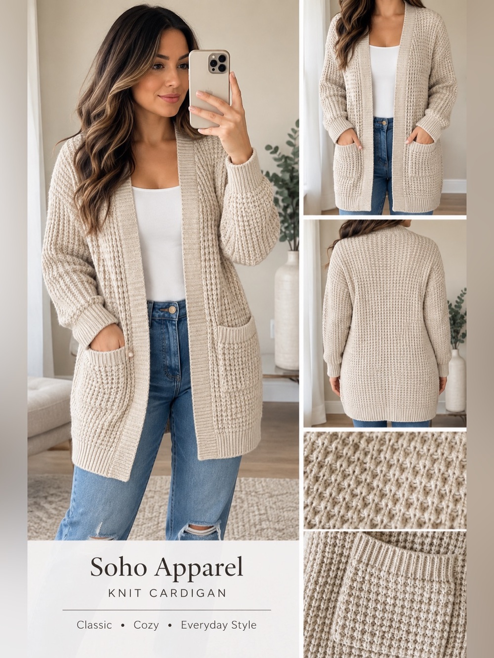 Soho Apparel Beige Open-Front Knit Cardigan with Pockets